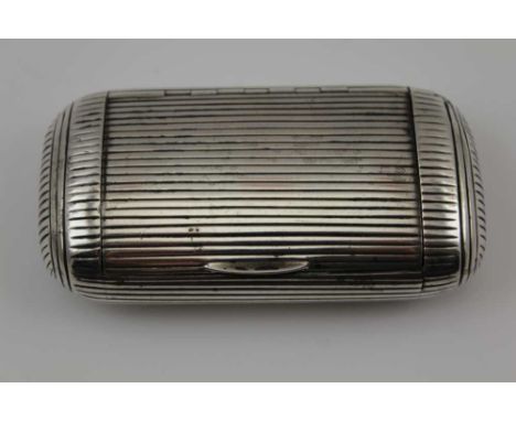 A GEORGE III SILVER CUSHION SHAPED SNUFF BOX all over ribbed exterior & hinged lid, gilded interior, London 1806, 4.5cm x 8.5