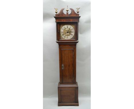 A LATE 18TH / EARLY 19TH CENTURY OAK & MAHOGANY PLAIN FORMED LONGCASE CLOCK, the silvered chapter ring face bearing the name 