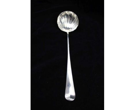 NICHOLAS HEARDEN A MID 18TH CENTURY SILVER LADLE, scallop shape bowl, the handle bears an engraved crest of a helm with snake