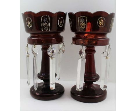 A PAIR OF LATE VICTORIAN RUBY GLASS CANDLE LUSTRES, clear facet cut droppers, 25.5cm high 