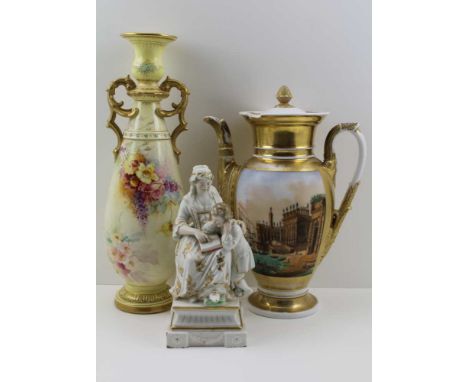 AN 18TH CENTURY DERBY PATCH MARK PERIOD CERAMIC FIGURE GROUP, modelled as a woman teaching a boy to read, on a square plinth 