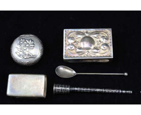 A COLLECTION OF SILVER ITEMS to include; two matchbox covers, a Wardell &amp; Kempson niello silver item, Birmingham 1809, a 