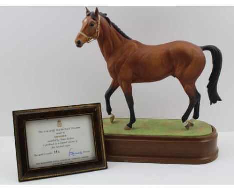 A ROYAL WORCESTER 'NIJINSKY' CERAMIC RACE HORSE, limited edition No.114 of 500, modelled by Doris Lindner, on wooden base, wi