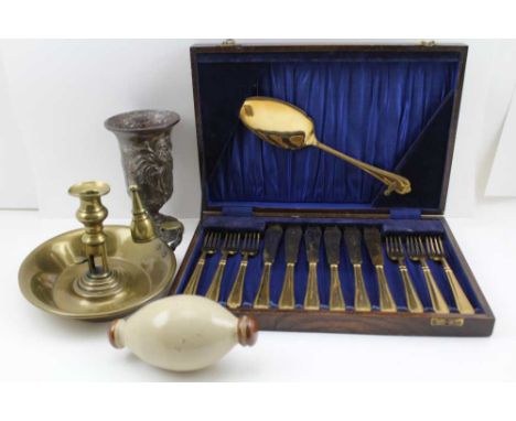 A COLLECTION OF VARIOUS COLLECTABLE ITEMS comprising; a 19th century brass chamber stick with snuffer, a Japanese cast metal 