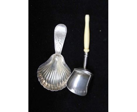 A GEORGE III SILVER CADDY SPOON, scallop bowl and bright cut handle, London 1793, by either William Sutton or William Sumner,