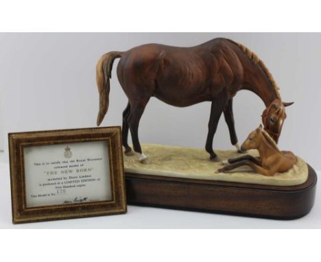 A ROYAL WORCESTER CERAMIC MARE &amp; FOAL, "The New Born", limited edition no.178 of 500, modelled by Doris Lindner, on woode