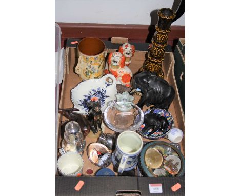 A box of miscellaneous items to include Chinese cloisonne enamel bowl, a Dutch Delft tankard, a pair of Staffordshire style s