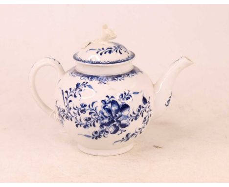 An 18th century Lowestoft teapot and cover, of bullet shape, decorated in the Mansfield pattern, having crescent mark verso, 