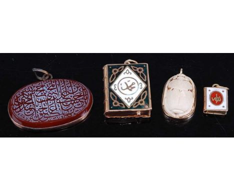 A carved scarab beetle pendant; together with a Middle Eastern yellow metal and enamel book pendant; one other smaller; and a