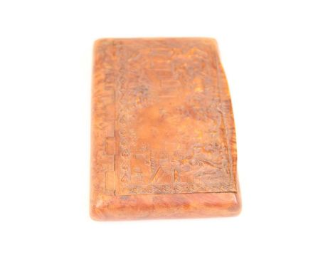 An early 20th century faux walnut bakelite pocket snuff/cigarette box, of rectangular form, the hinged lid relief decorated w