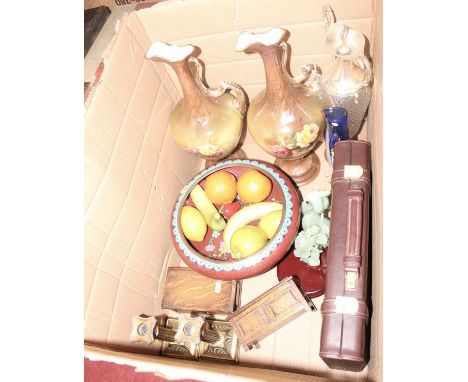 A collection of various items to include  a pair of brass table candlesticks in the form of Corinthian columns, a large clois