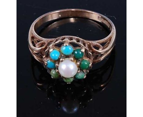 A Victorian style 9ct gold, half pearl and turquoise set cluster ring, 2.7g, size O