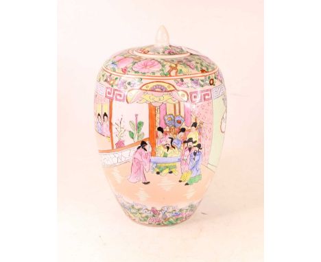 A Chinese export porcelain vase and cover, of baluster form, enamel decorated in the famille rose palette with figures within