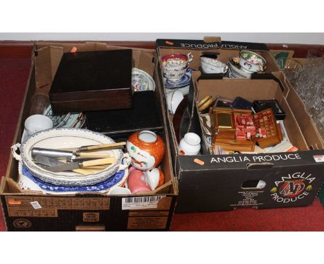 Two boxes of miscellaneous items, to include Victorian and later part teawares, mirror, loose flatware etc