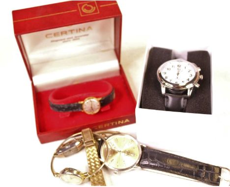 A lady's Certina gold plated cased wristwatch, having a mother of pearl dial with baton markers, on leather strap, boxed; tog