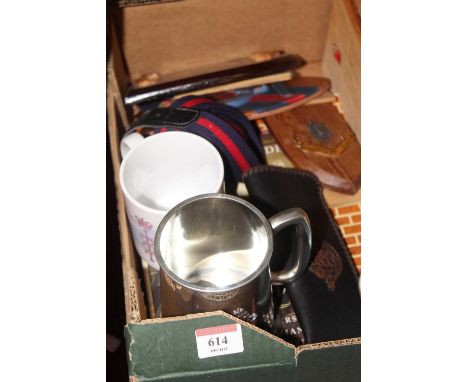 A box containing a collection of miscellaneous items, mainly related to the Grenadier Guards including mugs, silver plated ta