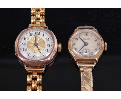 A vintage lady's 9ct gold cased wristwatch, having manual wind movement, on later gilt metal bracelet; together with one othe