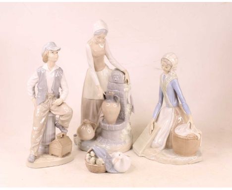 A Lladro Spanish porcelain model of geese with goslings in basket, printed mark verso; together with a large Nao Spanish porc