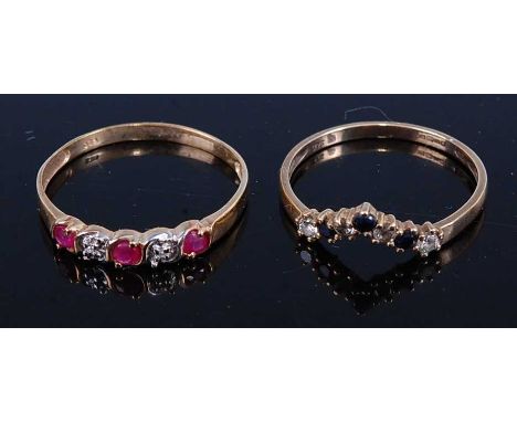 A yellow metal, ruby and diamond point set half hoop ring, stamped 375, size U; together with a blue and white sapphire set w