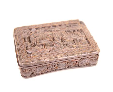 A late 19th century tortoiseshell pocket snuff-box, of shaped rectangular form, the hinged cover relief carved with various f