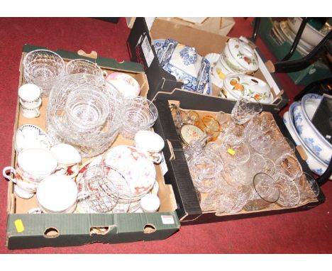 Three boxes of miscellaneous china and glassware to include a Tuscan bone china part tea service in the Windsor pattern, cut 