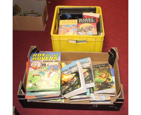 Two boxes of miscellaneous children's books and annuals to include JK Rowling Harry Potter examples, Roy of the Rovers annual