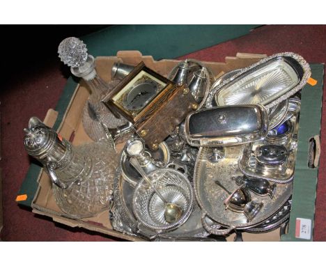 A box of miscellaneous items, to include a claret jug with cut glass body and silver plated mounts, toast rack, bottle coaste