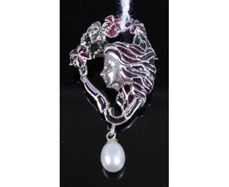 An Art Nouveau style white metal and enamel brooch, having cultured pearl drop, stamped 925, 46mm