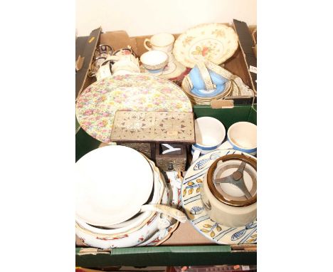 Two boxes of ceramics to include TG Green electric blue striped Cornishware mugs, a Victorian floral decorated part tea servi