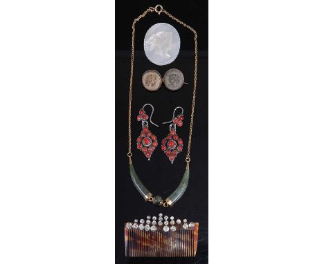 Mixed lot to include carved mother-of-pearl portrait disc, faux tortoise shell hair slide, nephrite and gilt metal necklace, 