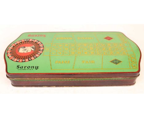 A Sarony Cigarettes lithograph tin in the form of a roulette board with wheel, counters, and Rules of Roulette, in original c