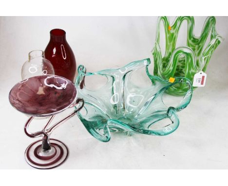 A small collection of glassware, to include studio glass handkerchief type vase with pierced decoration, blue tinted glass ta