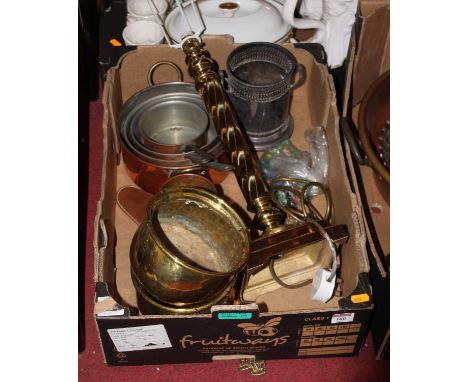 A box of miscellaneous items to include graduated copper saucepans, brass table lamp, bottle sleeve, marbles etc