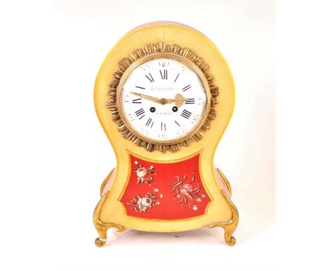 A French balloon shape mantel clock, the wooden case painted with roses, having gilt metal mounts, the convex enamel dial wit