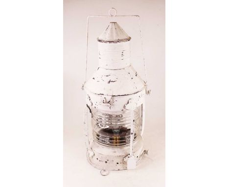 A white painted metal ships type lantern, having swing handle, later converted for electricity, h.56cm (including handle)