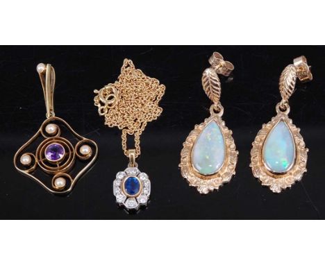 A pair of yellow metal and opal set ear pendants, stamped 9ct, 34mm; together with a 15ct gold, amethyst and seed pearl set p