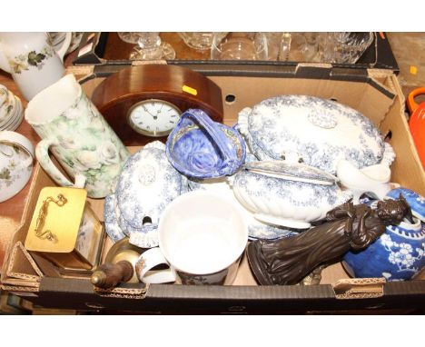 A box of miscellaneous items to include an Edwardian mahogany cased mantel clock, a Chinese porcelain Prunus pattern ginger j