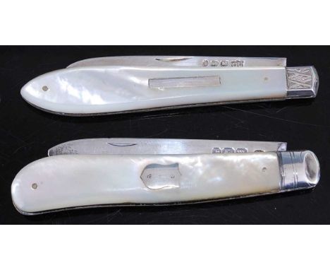 A late Victorian silver and mother-of-pearl pocket fruit knife, maker George Unite, 8cm, and in fitted leather sleeve, togeth