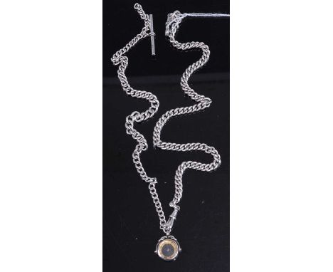 A silver curblink double watch chain, one with Albert and compass fob, gross length 69cm