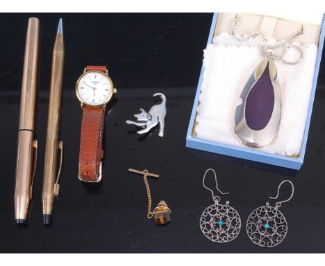 Mixed lot to include Tissot ladies gold plated quartz wrist watch, a Cross ballpoint pen and one other, costume jewellery to 