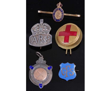 An ARP silver pin brooch; together with a silver and gold plated sporting medallion; Royal Corps of Signals bar brooch etc (5