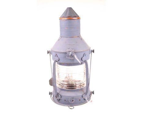 A blue painted metal ships type lantern, later converted for electricity, h.51cm 