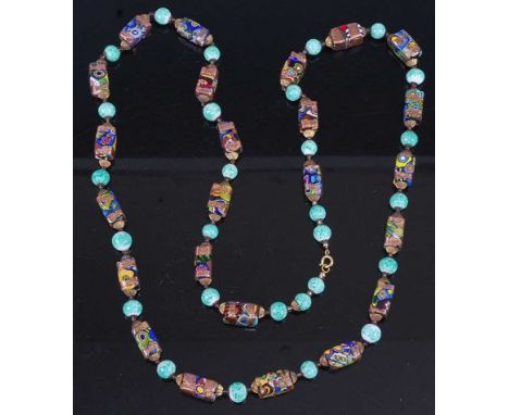 An enamel glass and beaded necklace with gilt metal dividers, 96cm