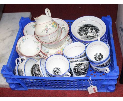 A Victorian part tea service, the white ground enamel decorated with flowers and pink borders, impressed England Chelson Chin