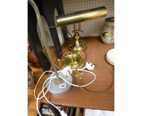 A vintage style brass effect desk lamp, an ornate barometer etc 