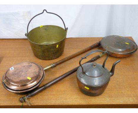 A vintage brass jam pan with iron swing handle, a Victorian copper kettle &amp; two long-handled copper bed warmers