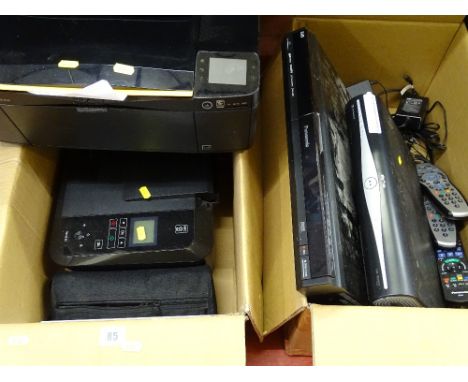 Two boxes containing two Kodak printers, a Sky HD box, a Panasonic DVD recorder &amp; player with cables &amp; remotes etc E/