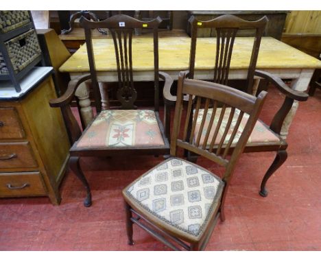 A pair of vintage oak armchairs with drop in padded seats &amp; a spindle back farmhouse side chair