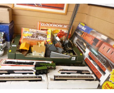 Hornby railways boxed night mail set, a quantity of layout buildings &amp; material, three locomotives with tenders, boxed In