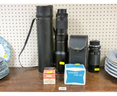 Camera lenses including Sigma long lens in a case and a Tamron etc